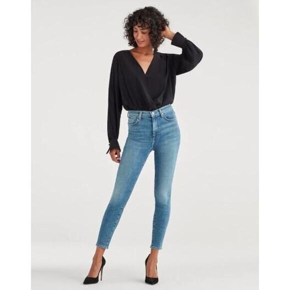 7 For All Mankind Luxe‎ Vintage High Waist Ankle Skinny in Beau Blue 23 $215